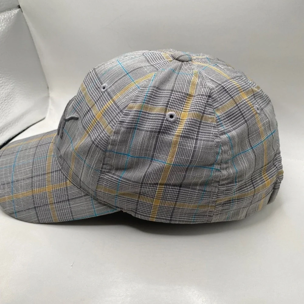 PUMA Plaid Adjustable Baseball Cap Hat Unisex Grey Yellow Blue 3D Logo Sport SEO